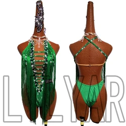 New Latin Dance Competition Show Adult Custom Green Tassels Sexy Open Back Waist Diamond Dance Dress