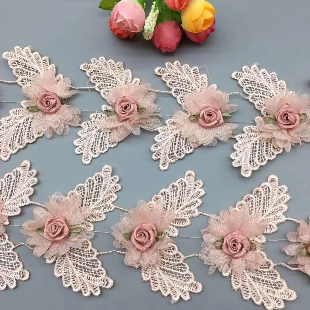 1 yard 3D Flower Pink Lace Dress for Wedding Dress Lace Trim Applique Ribbon Embroidered Fabric Sewing Craft DIY Decoration