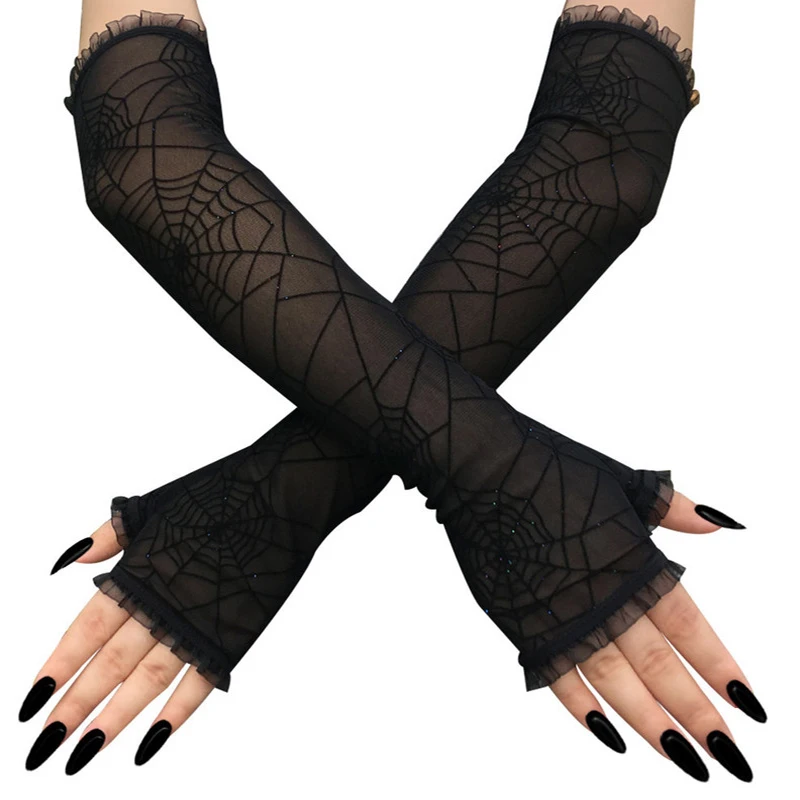 Halloween Decoration Spider Web Cosplay Party Performance Gloves Mesh Breathable Half Finger Black Personality Nightclub Gloves