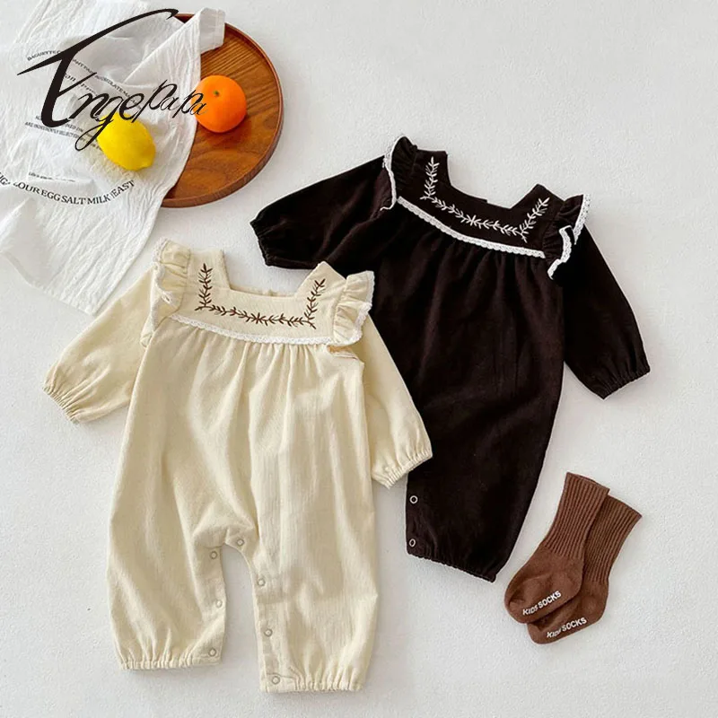 Engepapa 2022 Spring Autumn Baby Girl Romper Long Sleeves Embroidered Flower Solid Color Jumpsuit Sweet Baby Girl Outfit Romper