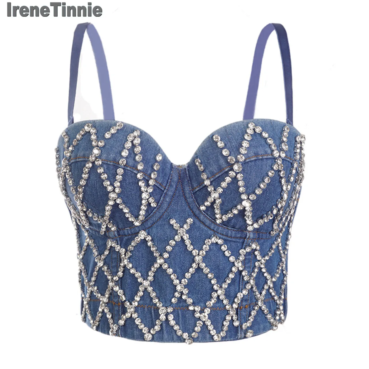 Irene Tinnie Sexy Charming Denim Jeans Diamonds Night Club Party Cropped Top Vest Plus Size Women's Pretty Bustier Bra