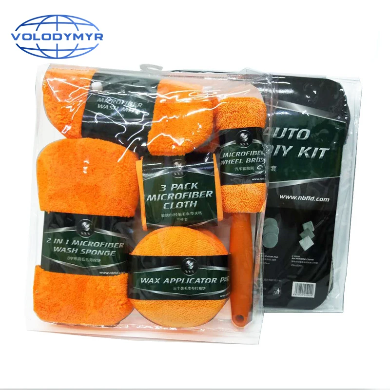 Car Cleaning Kit 9pcs Contains Rim Brush Wash Mitt 3 Pcs Microfiber Towel 3pcs Wax Pad Black or Orange with Plastic Bag Detail