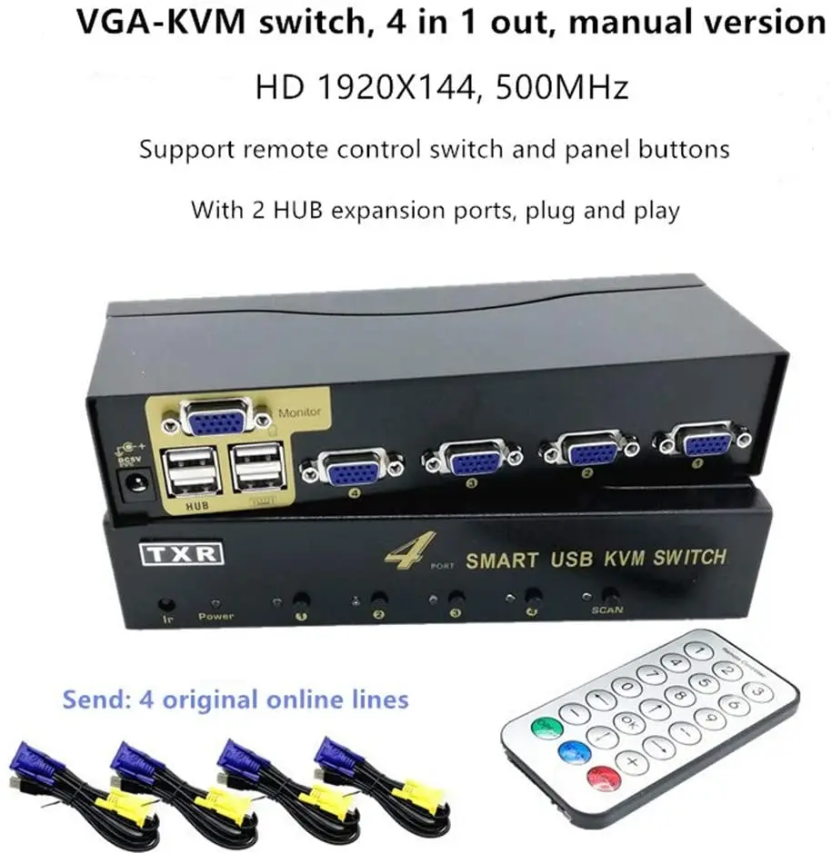 USB VGA KVM Switch,KVM Switch 4-Port VGA 4 in 1 Out Projector Video Display Remote Control with 4 Original VGA Cable for Apple