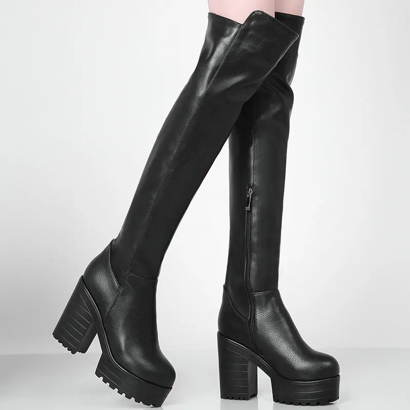 Platform Square Heel Women Over the Knee Boots Fashion Zipper Women Long Boots PU Leather 2020 Winter Boots Black White