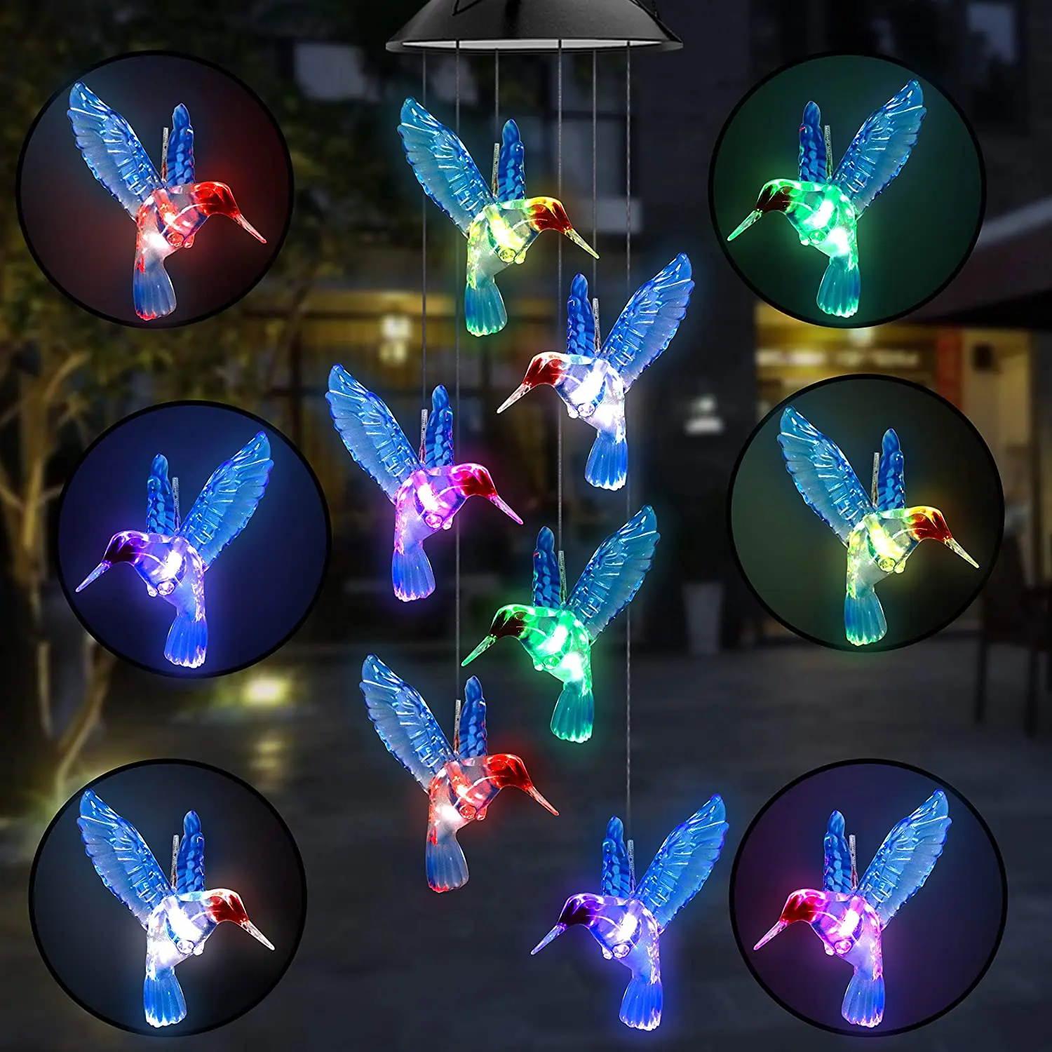 Color Changing LED Solar Power Lamp Hummingbird Wind Chimes Garden Decoration Yard Waterproof LED Light Lighting Hanging Decor