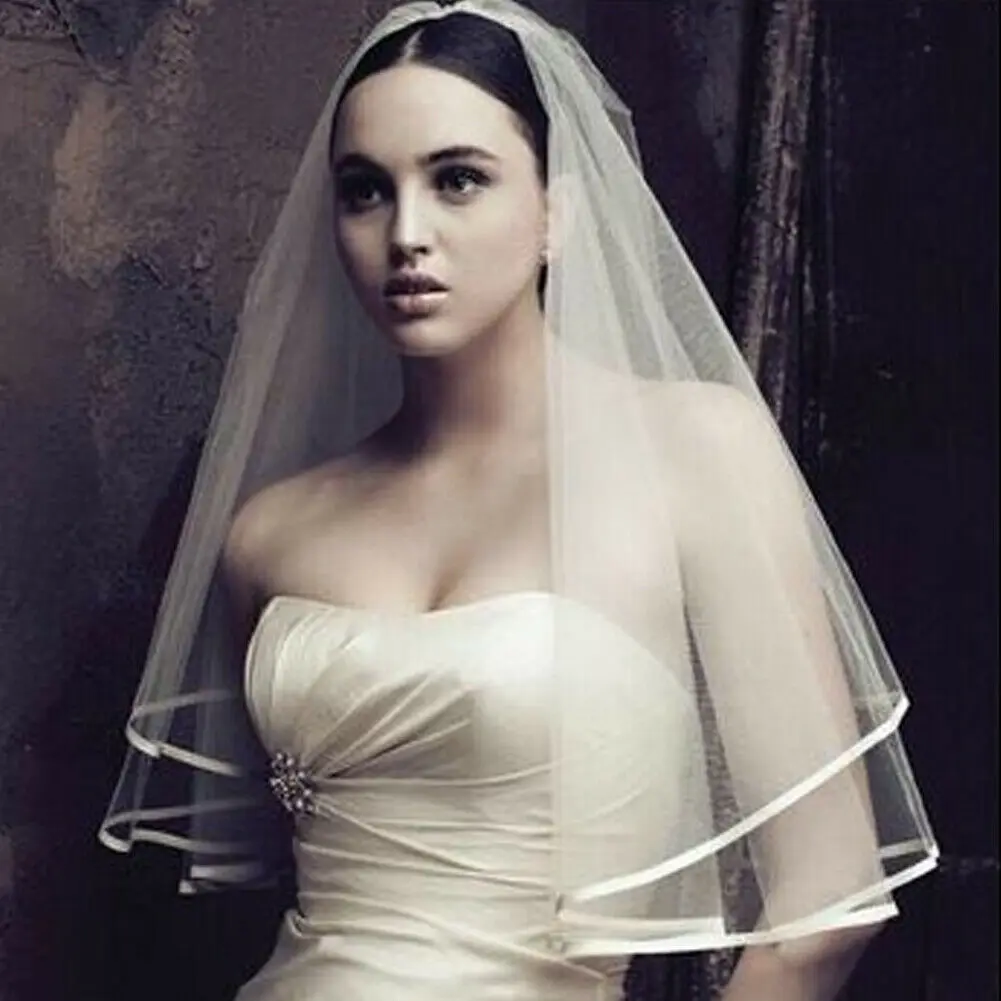 2 Tier White Ivory Cathedral Wedding Veil with Comb Elbow Length Bride