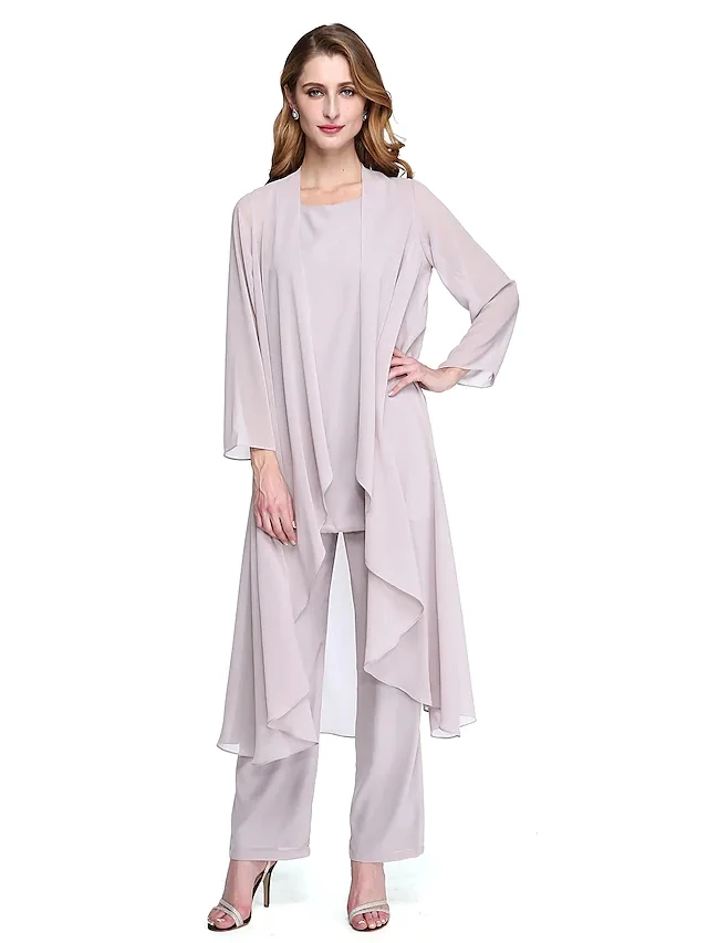 Zilver Jumpsuit Moeder Van De Bruid Jurk Plus Size Elegant Bateau Hals Floor Lengte Chiffon Bruiloft Gast Jurken Met Jas