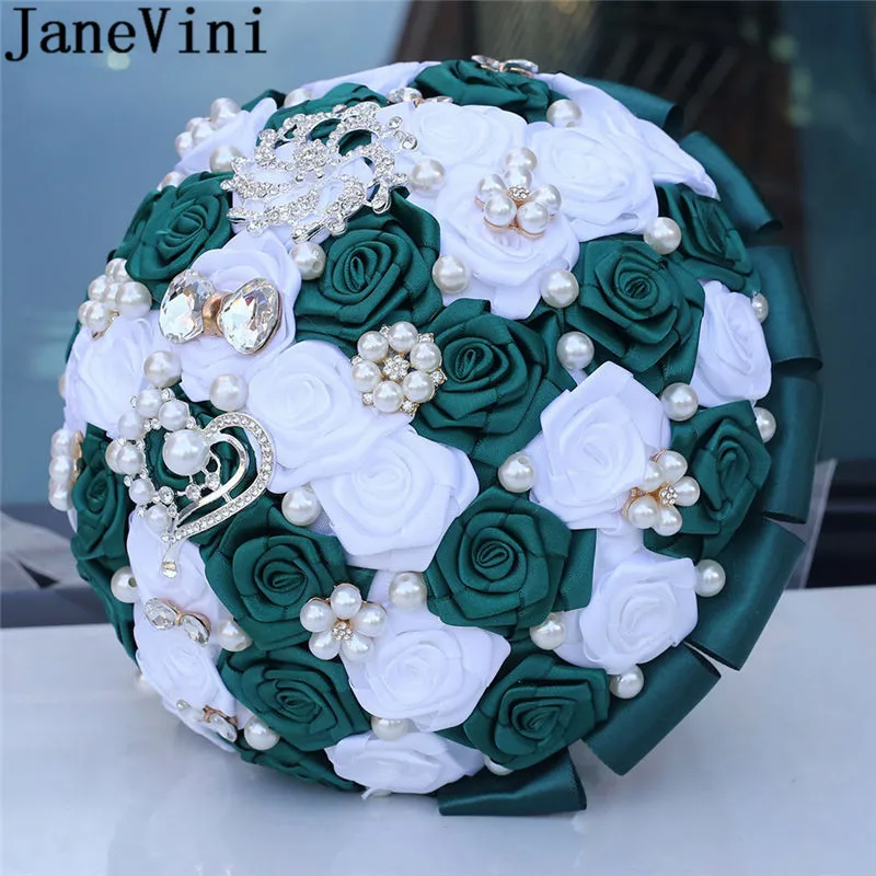 JaneVini Vintage Perla Verde Scuro Fiori di Nozze Bouquet Da Sposa 2020 Bianco Rosa del Raso Del Nastro di Cristallo Bouquet Da Sposa per Le Spose