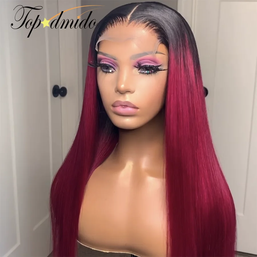 Topodmido Ombre Pink Red Color 13x4 Lace Front Wigs with Baby Hair Peruvian Remy Hair Human Hair Wig Pre Plucked 4x4 Closure Wig