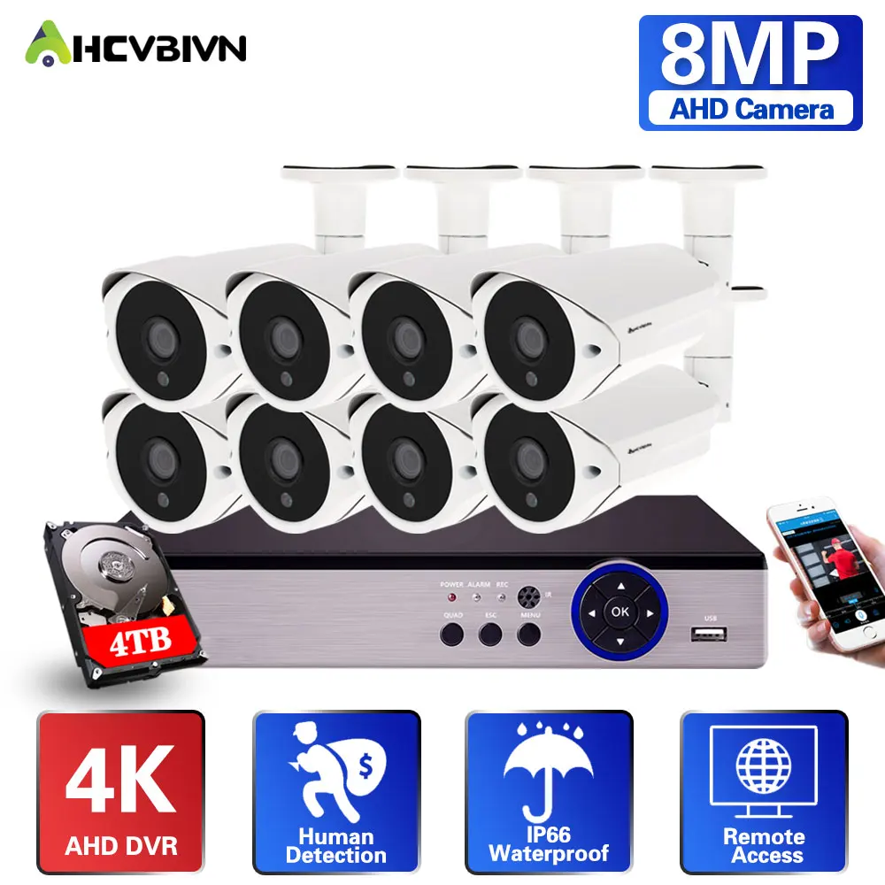 HD 4K 8CH 8MP DVR Kit CCTV Security System Indoor Outdoor Motion Detection DVR Email alarm Camera Video Surveillance Set 2TB HD