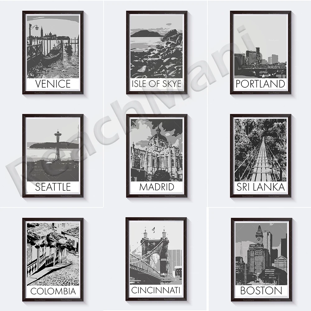 Pósteres de viaje en blanco y negro en Sudamérica, Tailandia, Cincinnati, Ohio, Indiana, Portland, Oregón, España, Seattle, Escocia