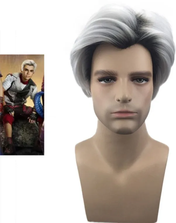 Descendants 3 Carlos Gradient Black Grey Color Synthetic kid adult Cosplay Short Wigs+Jumpsuits halloween Party costume for kids
