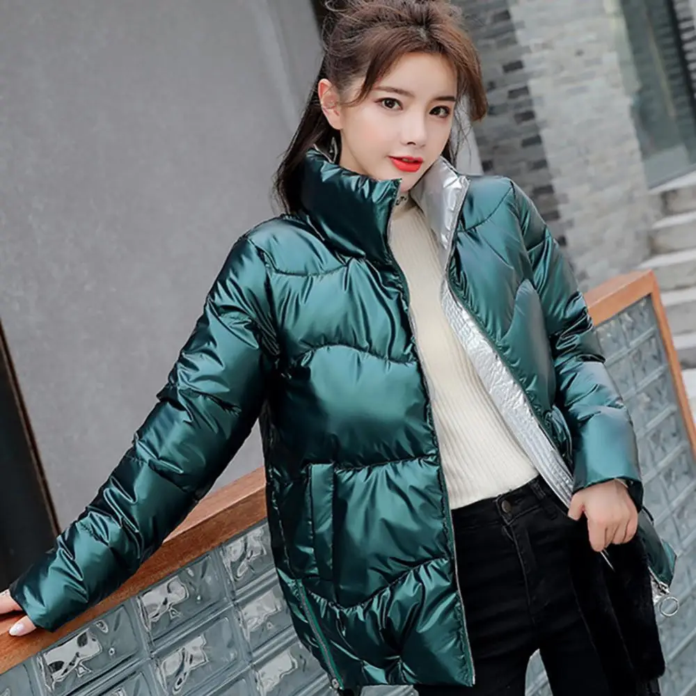 40% HOTFashion Jaket Kerah Berdiri Berkilau Musim Gugur Musim Dingin Wanita Mantel Bawah Liner Katun