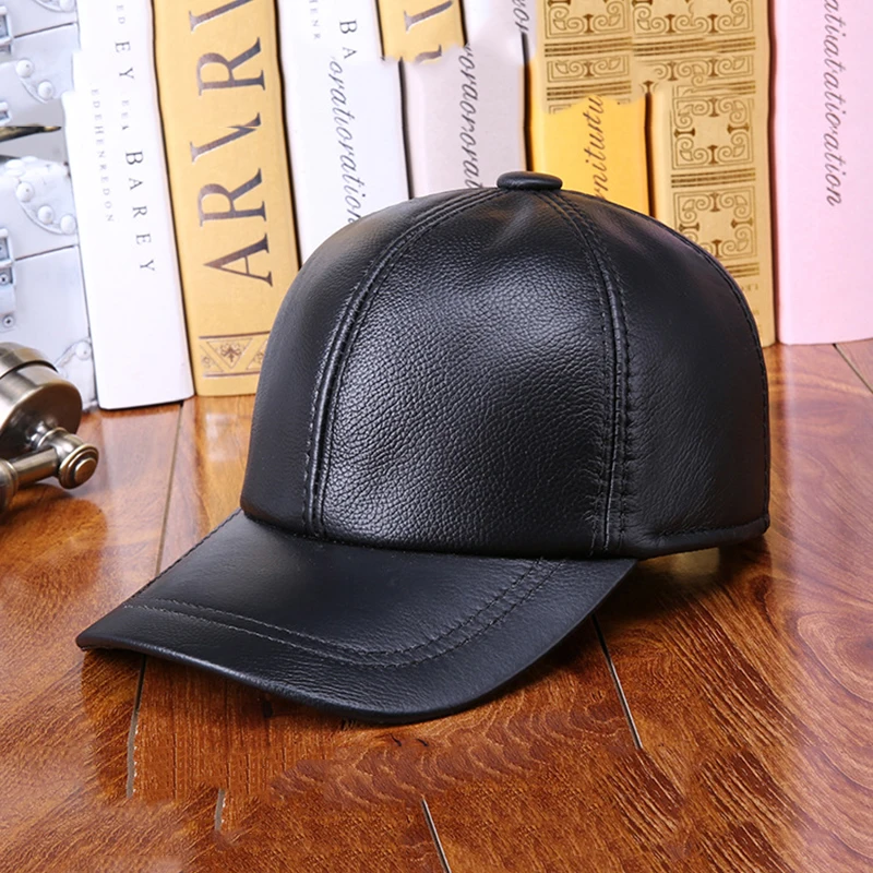 Men Women Real Cowhide Leather Earlap Caps Male Female Fall Winter 100% Real Cow Leather Hats New Casual Outdoor Baseball Cap