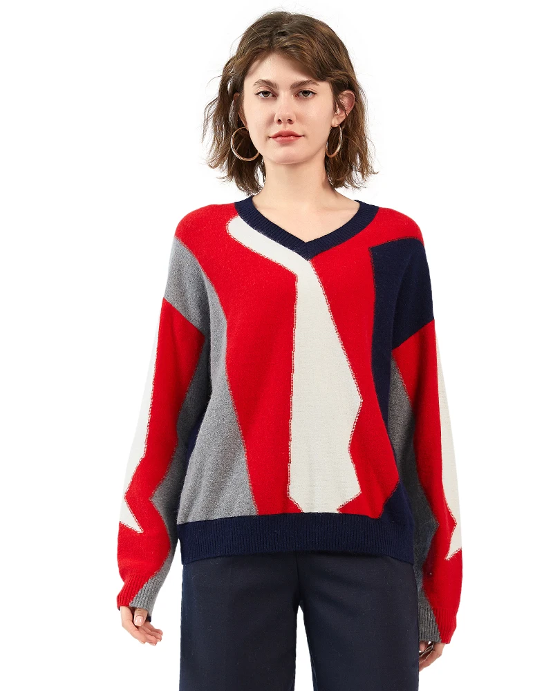 

Zhili Women's 100% Cashmere Four-color Patchwork Pullover Sweater