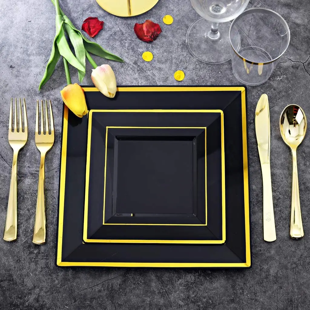 Elegant Disposable Plastic Dinner Plates,Heavy Duty Fancy Square Black with Gold Rim Plastic Salad/Dessert Plates for Party