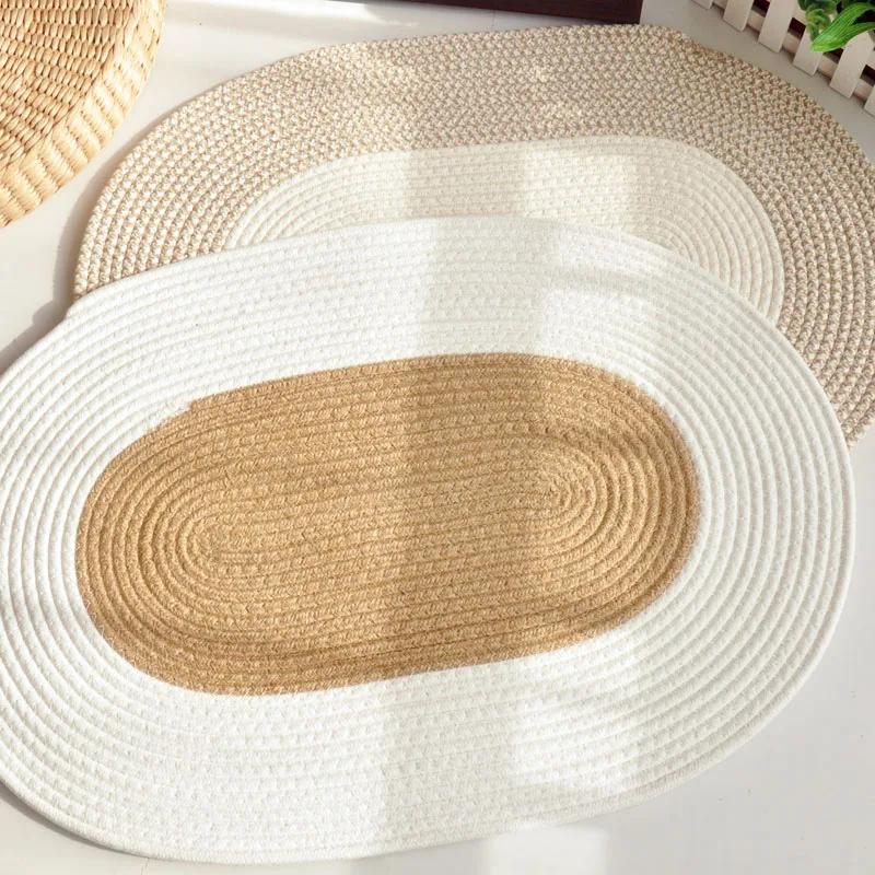 45x65cm Simple white brown color cotton jute mat oval hallway rug doormat carpet floor mat non-slip eco-friendly rug home decor