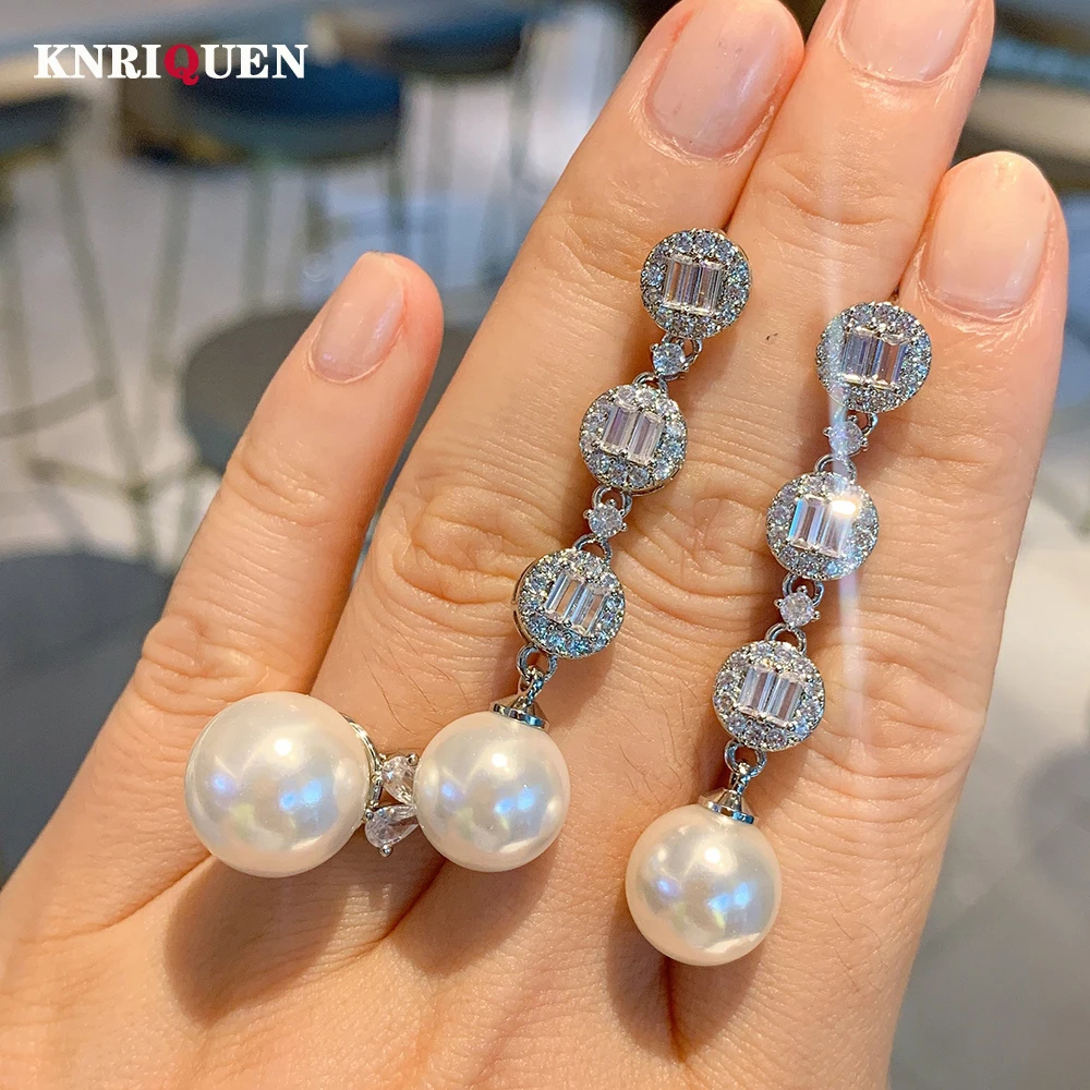 

Charms White Black Fresh Water Pearl Rings Lab Diamond Drop Earrings Women's Wedding Party Fine Jewelry Sets Anniversary Gift