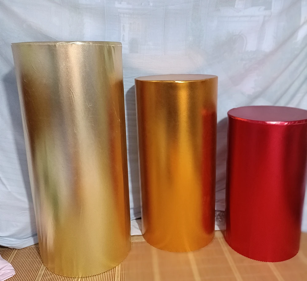 Rosa Schwarz Rot Grün Lila Blau Grau Solide Plain Metall Gold Zylinder Spalte Abdeckungen Elastische Polyster Stoff Party Dekoration