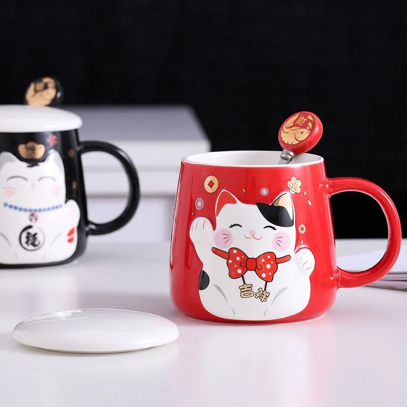 Creative cartoon lucky cat ceramic mug with lid spoon office mug coffee cup porcelain cup Milk cup cups  coffee mug with lid