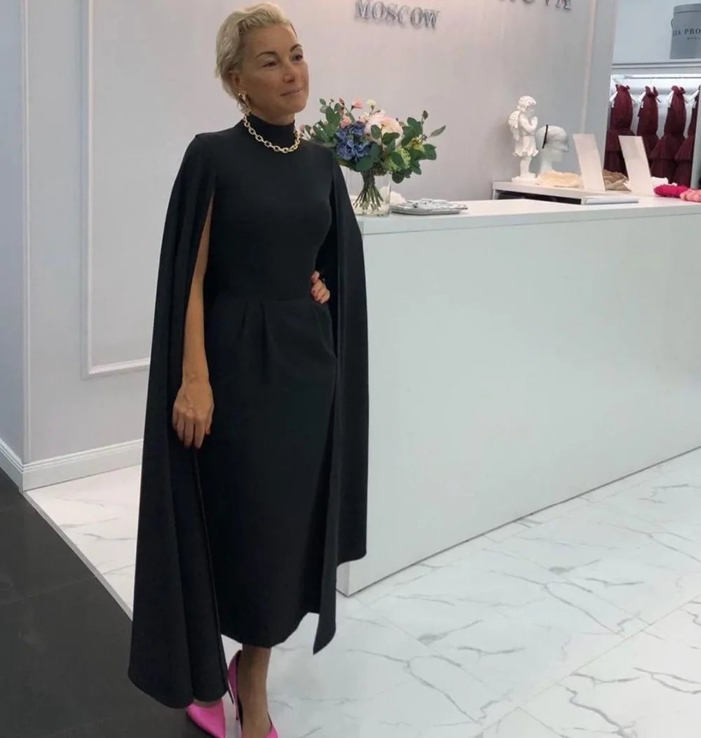 

Elegant Tea Length Evening Dress 2025 Cape High Neck Simple Party Gowns Women Modest Satin Prom Dresses Vestido De Gala