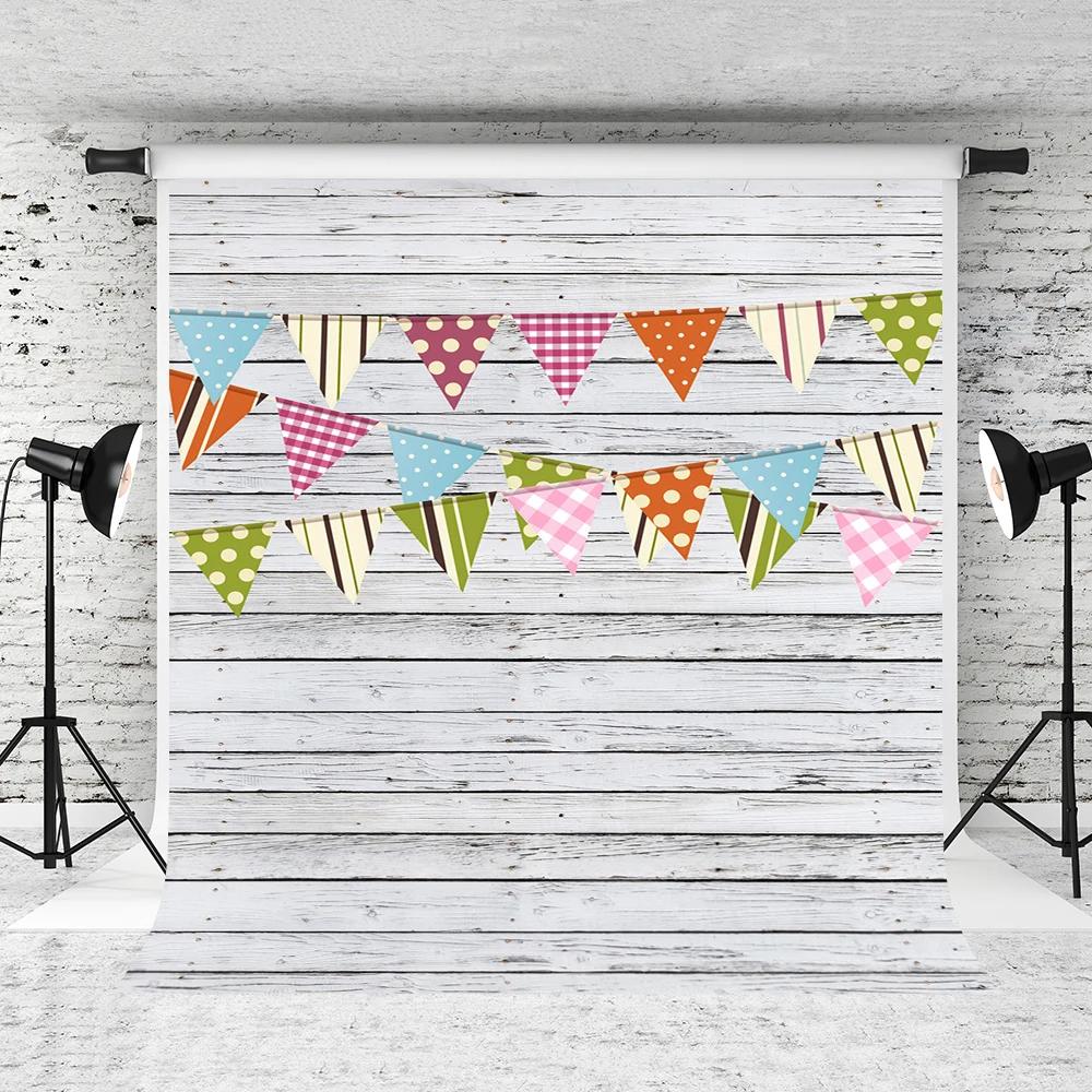 

VinylBDS 5x7ft Birthday Party Studio Photography Background Children Backdrops Colored Flags Wood Wall Studio Backdrop