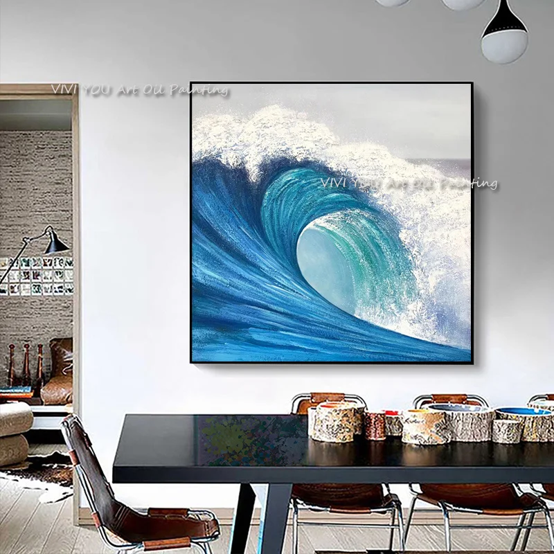 

The Trend Handmade Blue Water Sea Waves Abstract Arts Oil Painting On Canvas Color Modern Drawing For Office Hotel Decoration