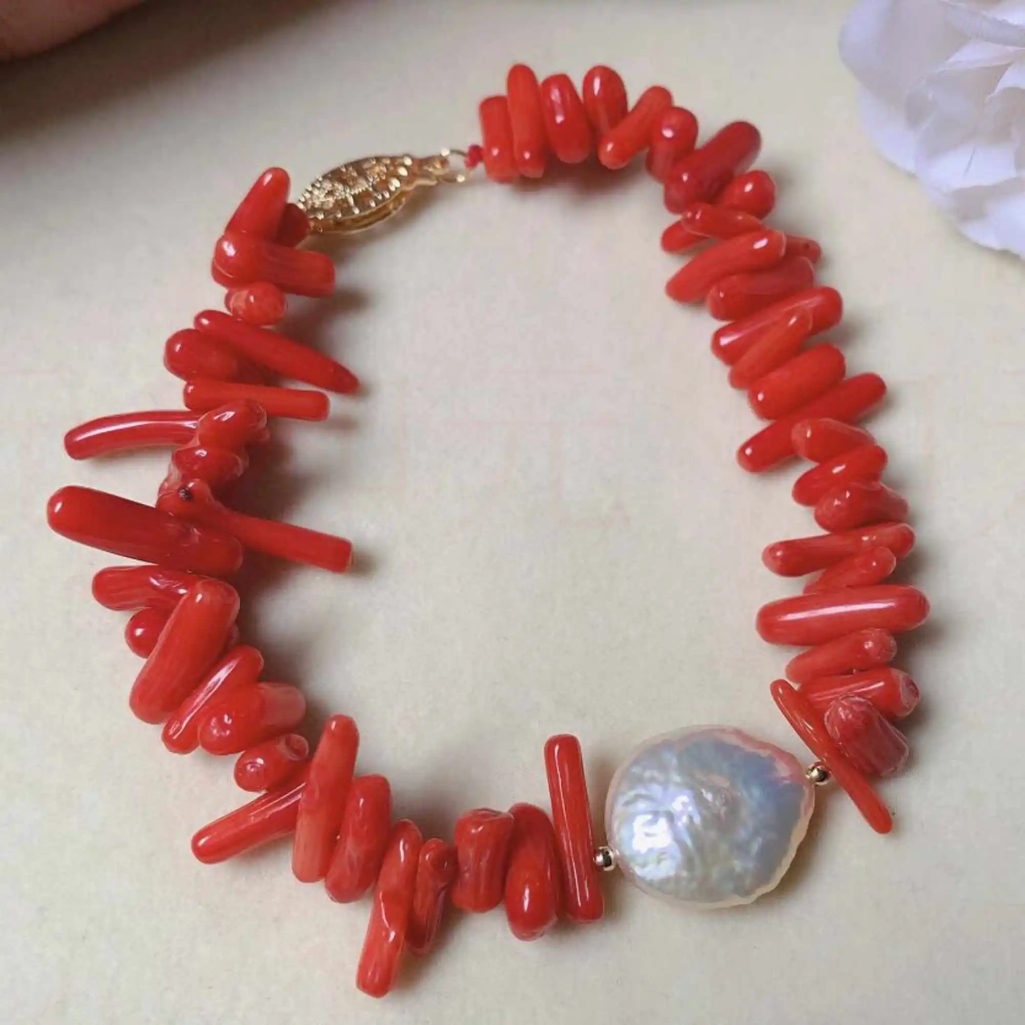 Natural White sector pearl Red Coral Gold bracelet gift Wrap Unique  Eco-Friendly Party