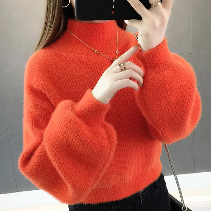 Thick Mohair Women Sweaters Turtleneck Soft Lantern Sleeve Short Pullovers Fashion Autumn Winter Sweater Solid Women Jumpers