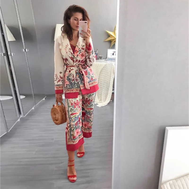 Women's Trouser Suit Cross V-Neck Long Sleeve V Neck Kimono Jackets+Printed Wide Leg Trousers Two Piece Set Suits Autumn Wear