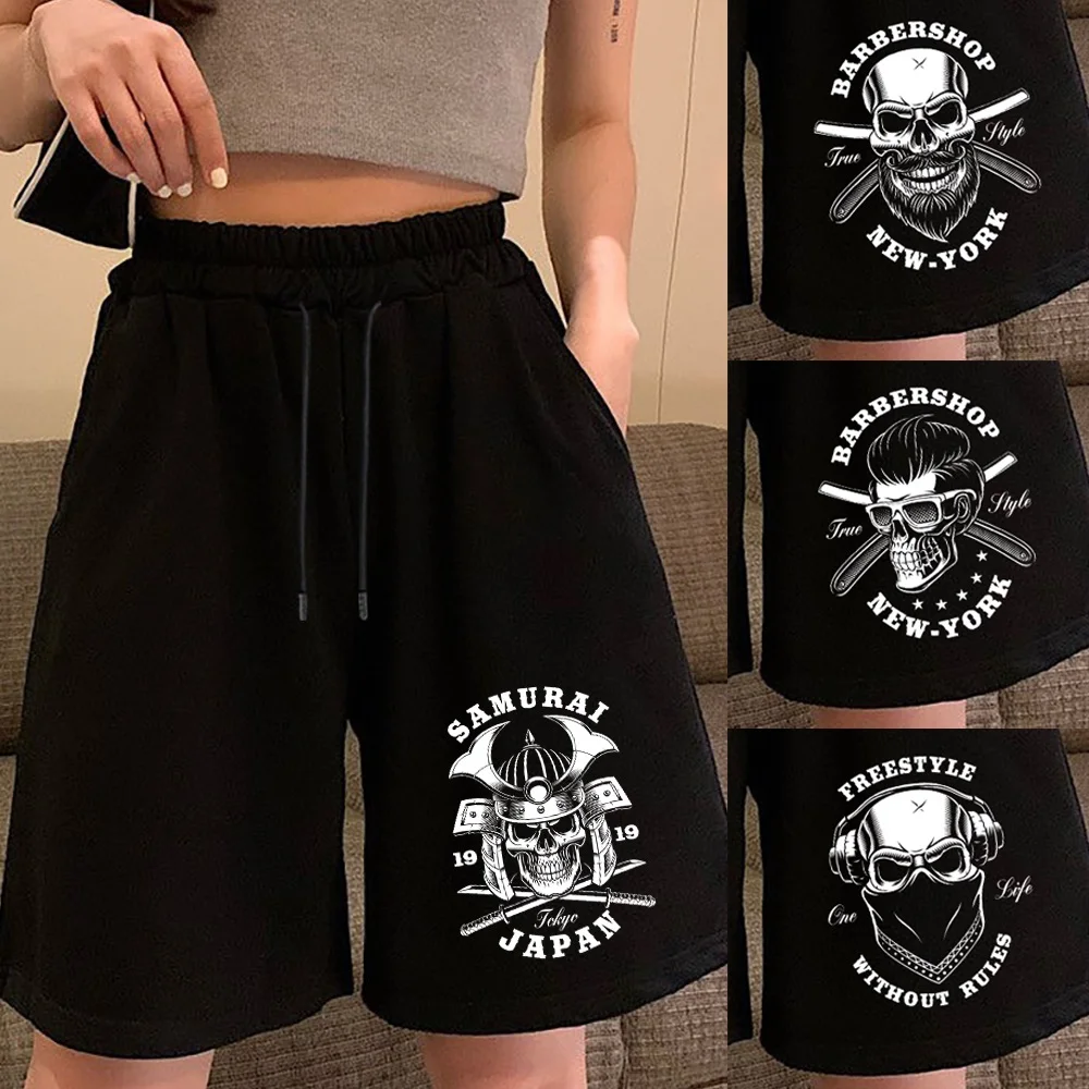 Summer Loose Shorts Women Fashion Casual Black Skull Printed Shorts High Waist Shorts Elastic Waist Drawstring Beach Boardshorts