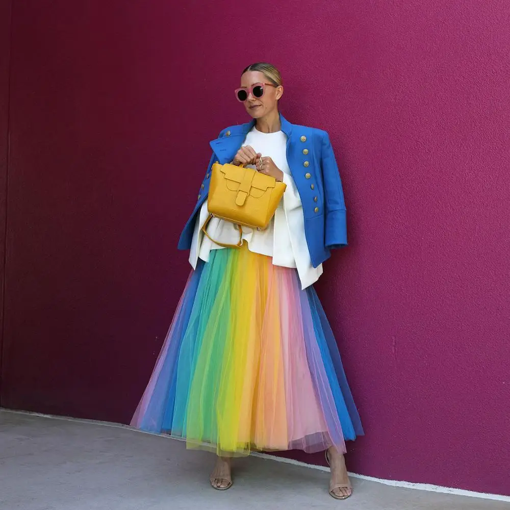 Fashion Chic Candy Rainbow Mixed Colors Tulle Skirt A-Line Girls Elastic waist Mid-Calf Tiered Tulle Colorful Women Maxi Skirts