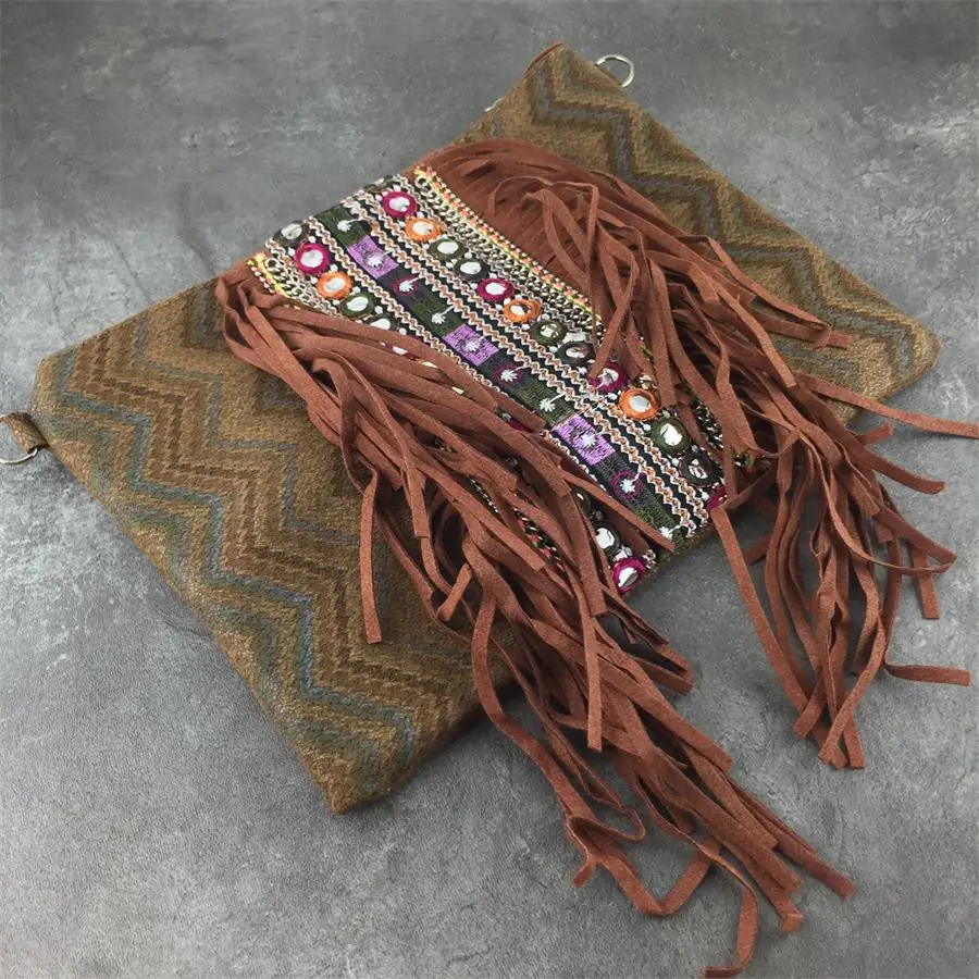 Boho Style Drawstring Bucket Bag Women Handbag Faux Fringe Tassel Shoulder Crossbody Messenger Bag