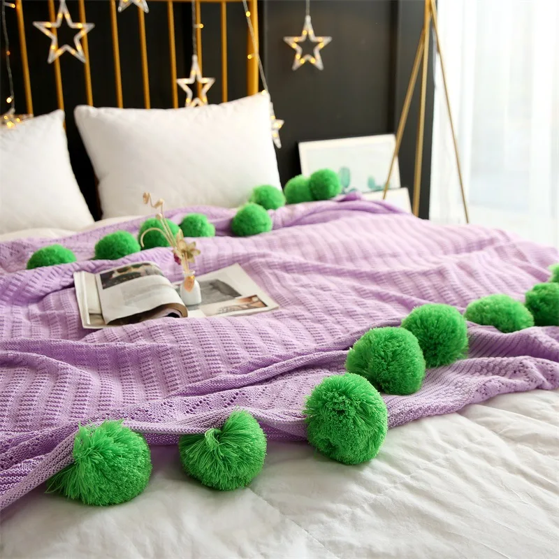Balls Blanket Knitted Pompons Bedspread Soft Cobertor Macaron Color Fresh Woven Throw Nordic Style Sofa Bedding Decorating