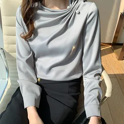 Korean Women Blouses Chiffon Shirts Women Beading Blouse Tops Woman Long Sleeve Shirt Woman Pleated Shirts Pullover Ladies Tops