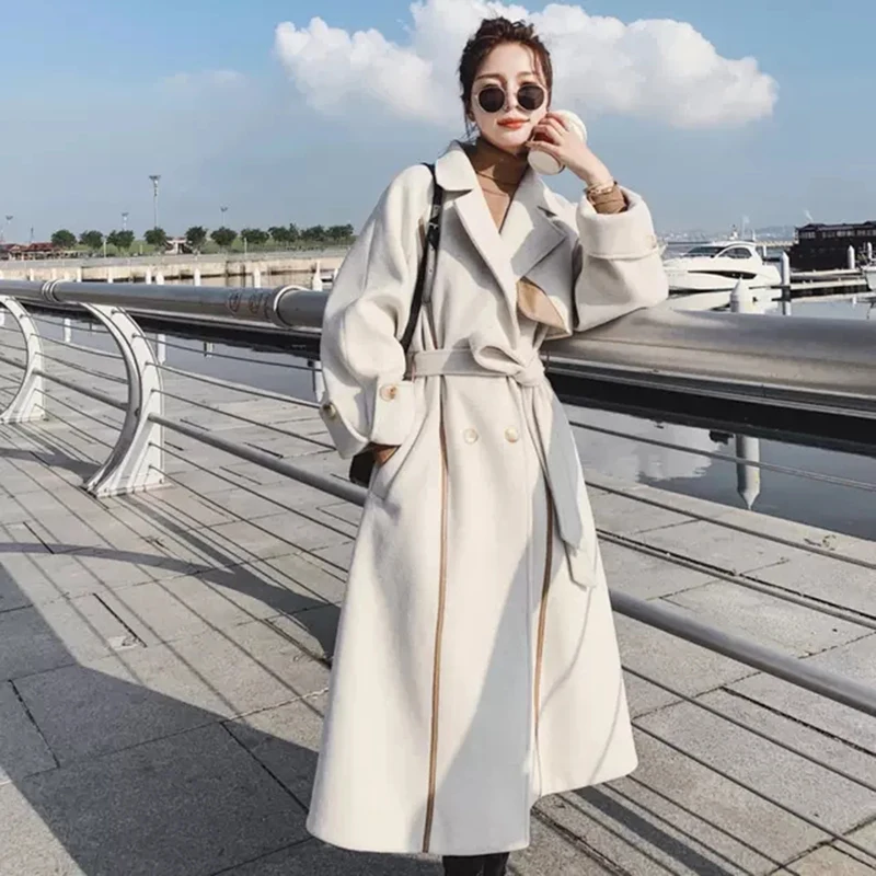 

Women Elegant Long Wool Coat With Belt Solid Jackets Tops Long Sleeve Double Breasted Outerwear Ladies Thick Warm Overcoat 2023