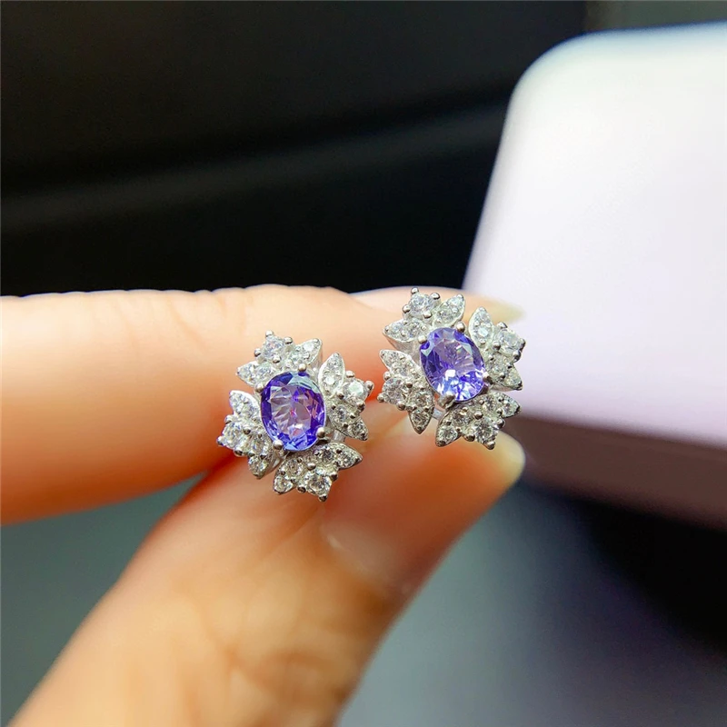 

Natural Tanzanite Stud Earrings Woman Blue Gem Exquisite Stud Earrings Genuine S925 Sterling Silver Jewelry with Certificate