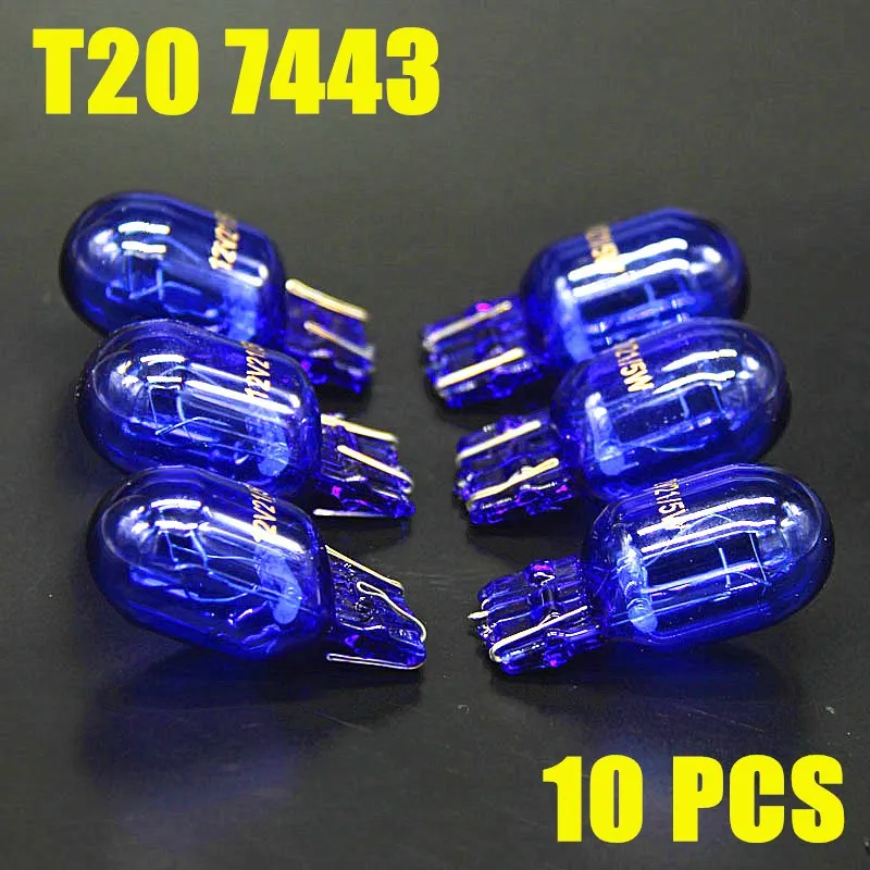 10Pcs 7443 W21/5W T20 Natural Blue Glass 12V 21/5W W3x16q Double Filament Super White Car Bulb