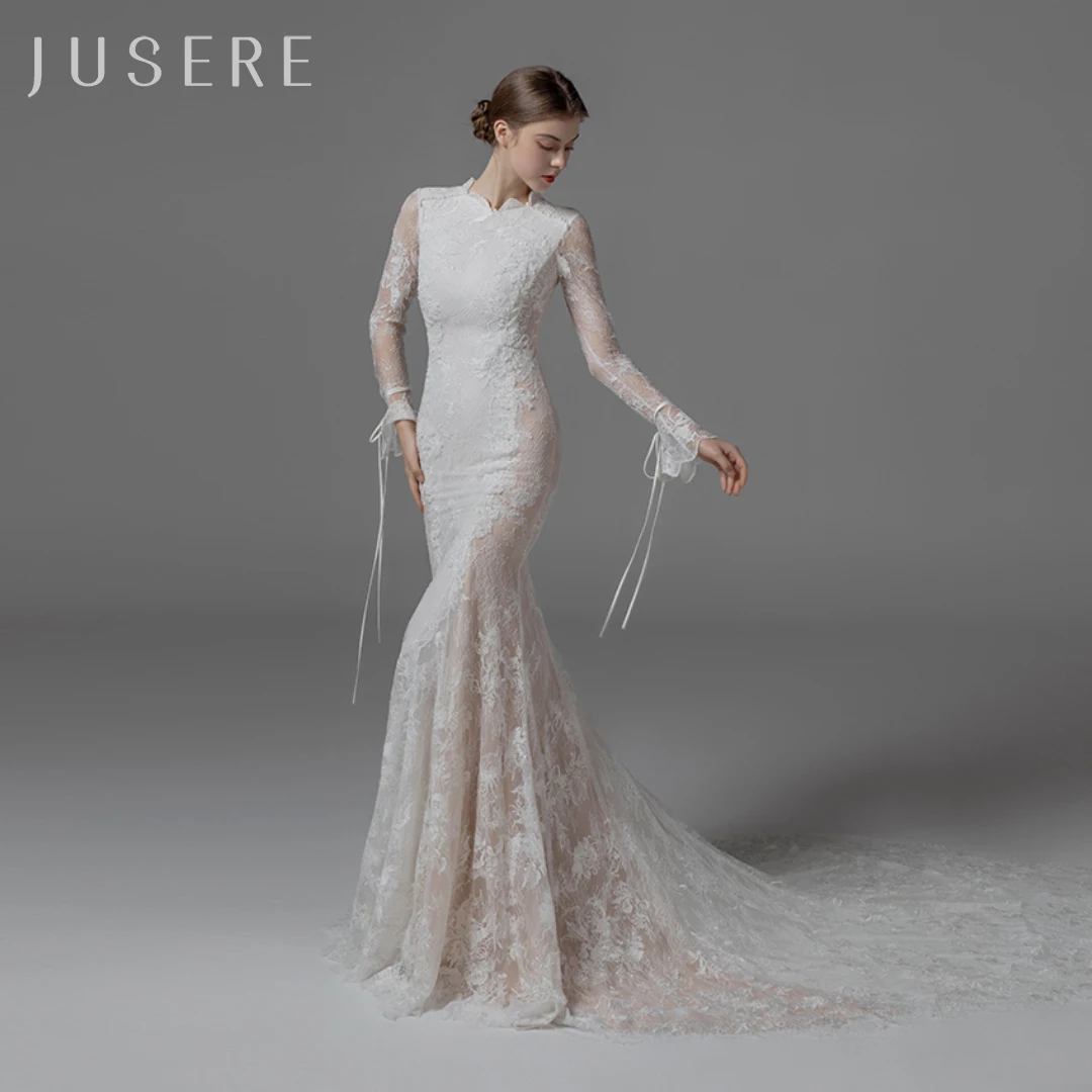 Jusere O-neckline long sleeves bridal dress wedding dress bridal gown mermaid beaded dress