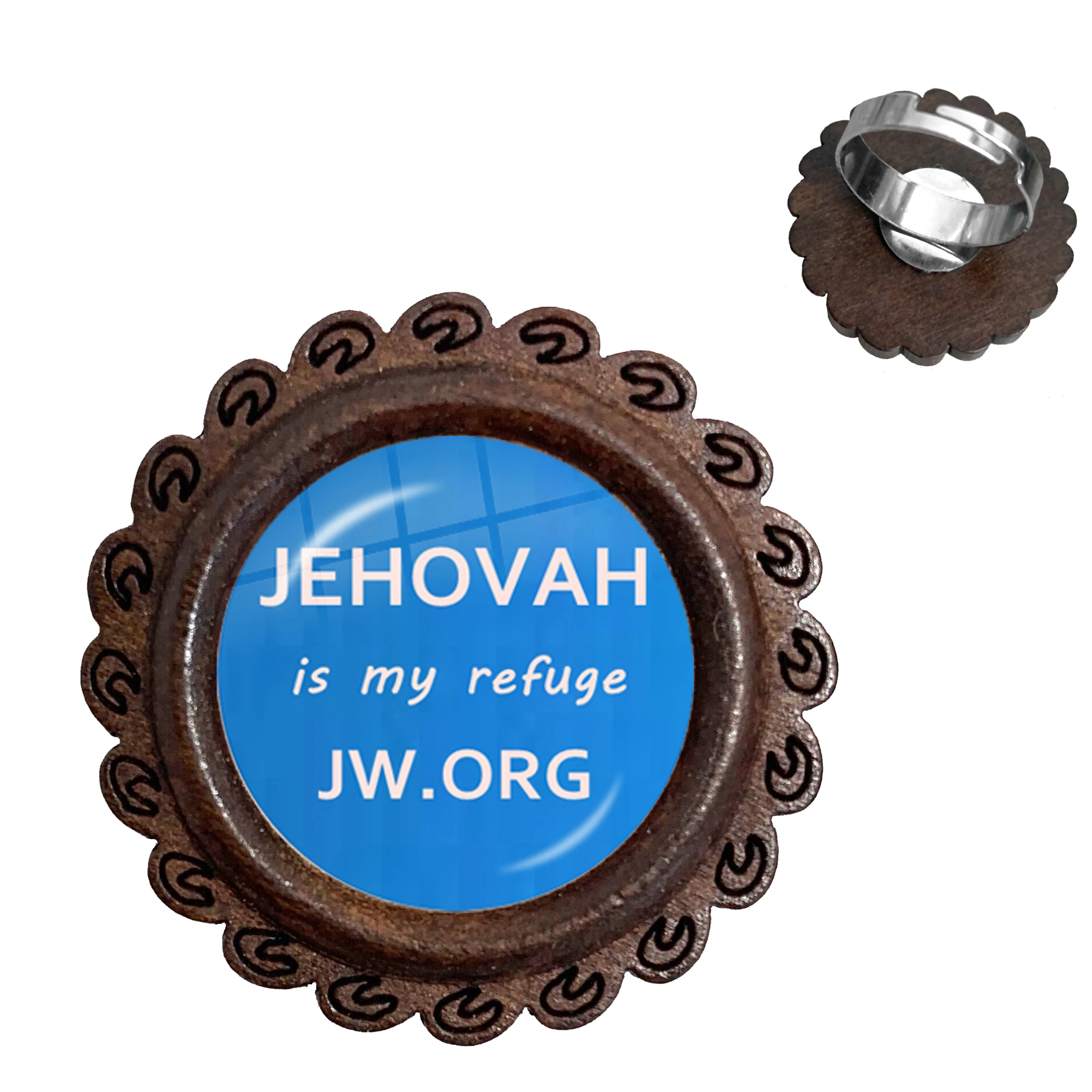 Jehovah Is My Refuge JW.ORG Photo Wood Ring 20mm Glass Cabochon Adjustable Rings Catholicism Jewelry For Kids Gift