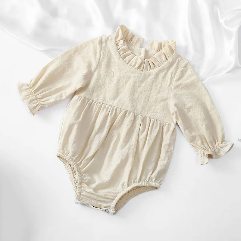 Mono de lino y algodón con botones para niña, pelele cómodo de Color sólido, ropa para niño pequeño, primavera y otoño