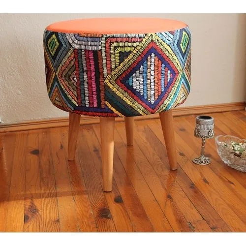 Albatross Opportunity Product Decorative Retro Wooden Leg Rustic Ethnic Colored Patterned Cylinder Pouf Bench