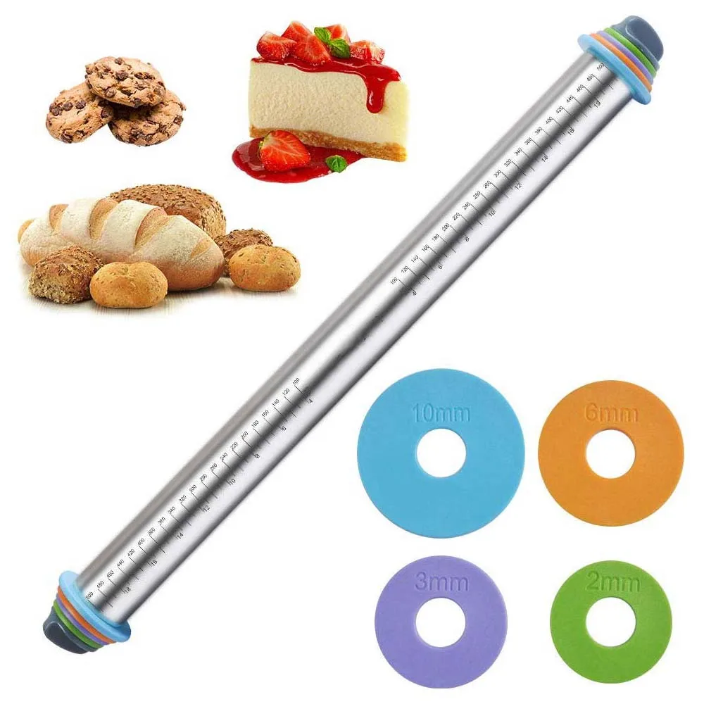 Silicone Rolling Pin Plastic Dough Fondant Cake Pastry Roller With Adjustable Thickness Rings Kitchen Rolling Tool Baking Tools