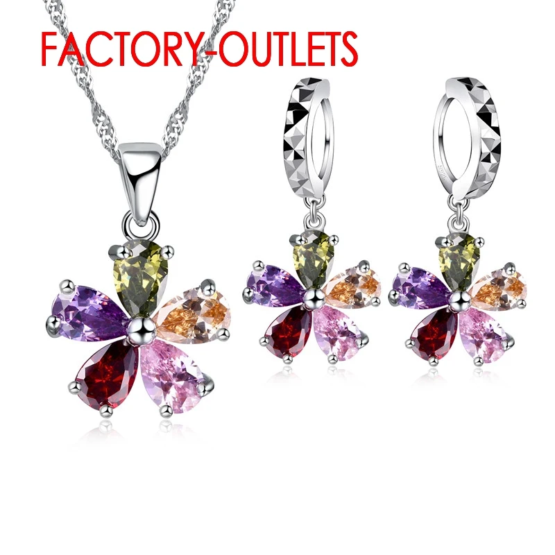 Pendant Necklace Hoop Earrings Ring Jewelry Set 925 Sterling Silver Austrian Colourful Crystal Lovers\' Gift For Anniversary