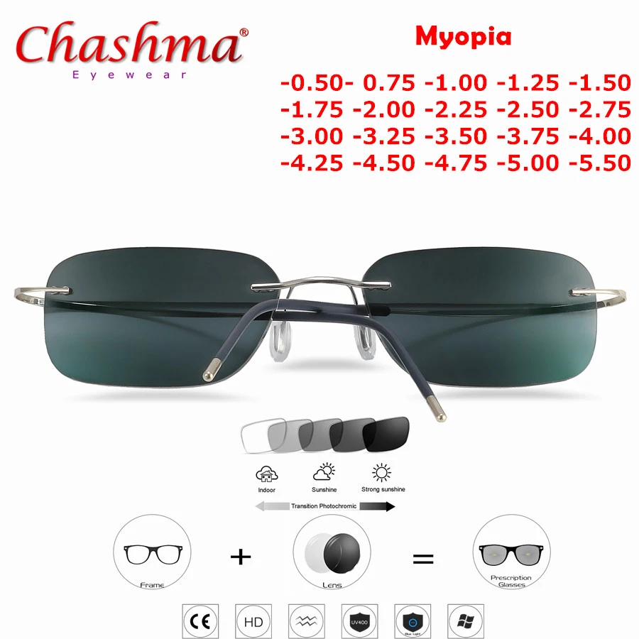 Titanium Rimless Glasses Myopia Glasses Photochromic glasses Men Women Chameleon Glasses Lens with Diopters -1.0 1.5 2.0 2.5 3.0