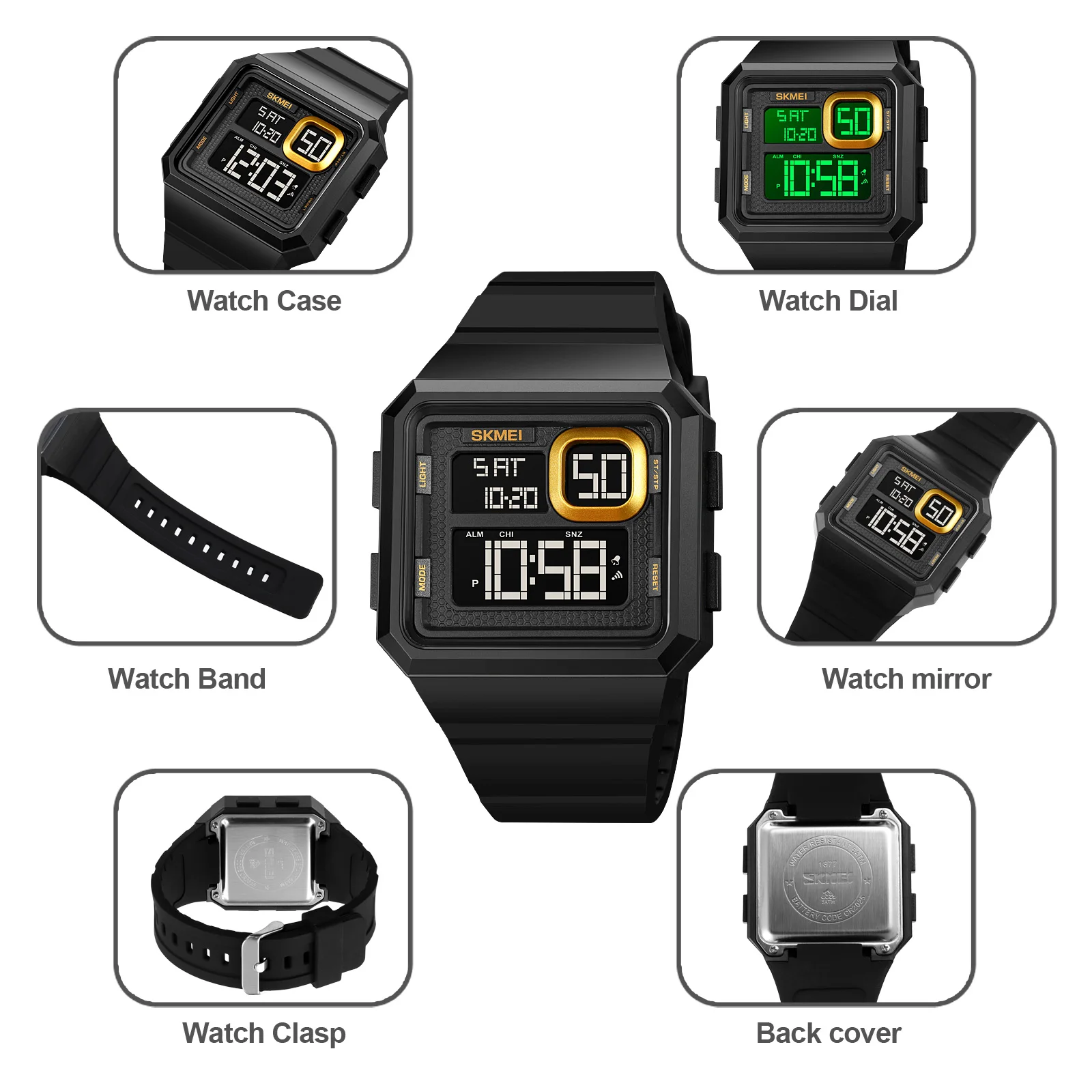 SKMEI New Fashion Simple Design Digital Watch For Men Waterproof 2Time Led Light Display Alarm Clock Electronic Countdown Watch