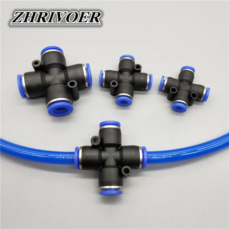 PZA Air Pneumatic Fitting 4 6 8 10 12mm OD Hose 4 Way Cross Shaped Splitter Push in Pneumatic Tube Connector Quick Fittings