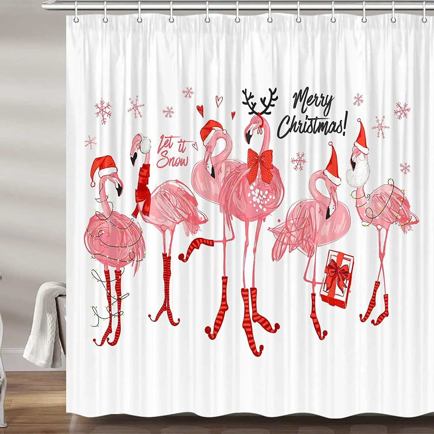 Christmas Shower Curtain for Bathroom,Cute Red Flamingo with Christmas Hat Snowflake Holiday Xmas Bath Curtains Decor with Hooks