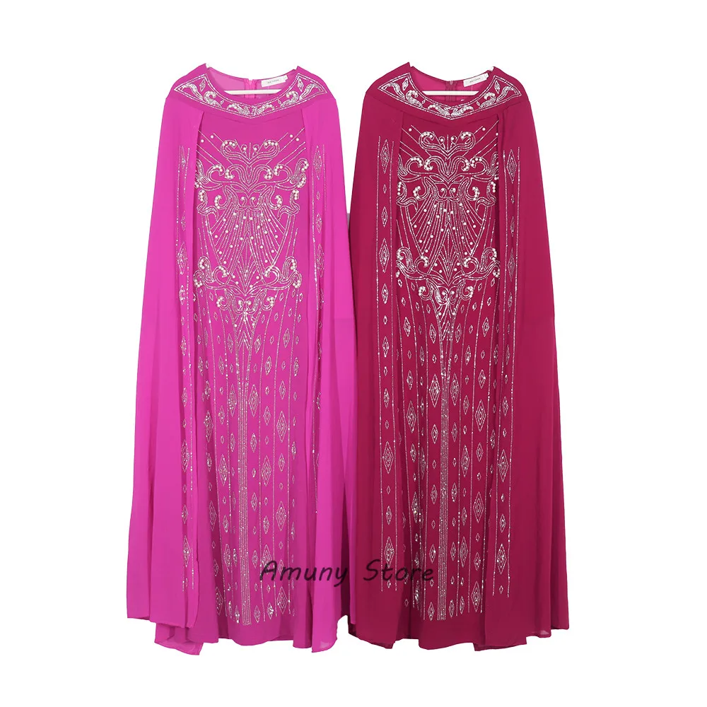 African Woman Dress Hot Fix Rhinestone Beading Cloak Decoration Chiffon Polyester Plus Size Stretch Fishtail Long Dress