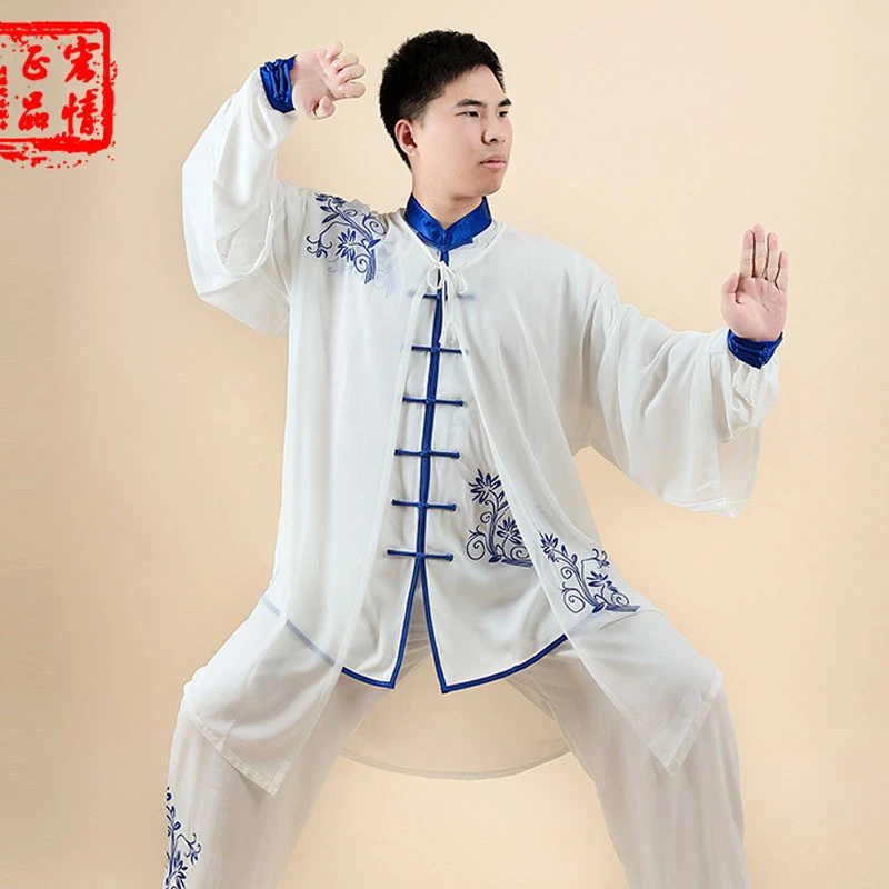 Tradicional chinês Tai Chi Set, Uniforme para a Prática Clássica Kungfu, Performance Bamboo, Bordado de Ameixa Fivela, Wushu, Unisex, 2pcs